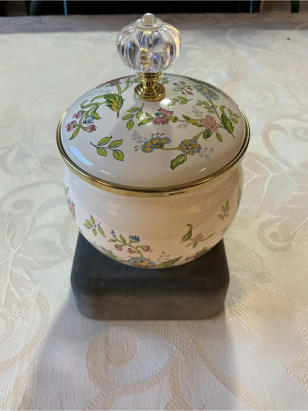 Cottagecore Floral Enamel Cream and Gold Tone Lidded Jar